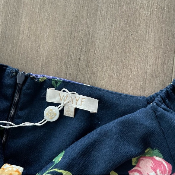 New Revolve WAYF Floral Navy Tie Front Poof Sleeve Dress - Picture 6 of 7